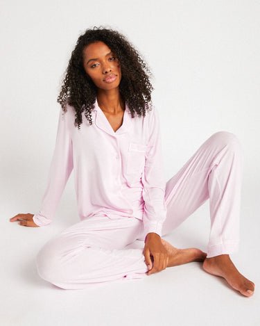 Modal Button Up Long Pyjama Set - Pink